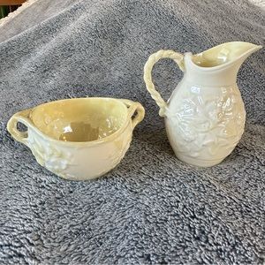 Belleek Ireland Vintage Shell Yellow Bone China Handled Sugar Bowl & Creamer Set